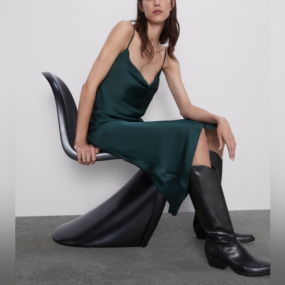 Zara satin effects slip dress dark green NWT - Picture 1 of 5